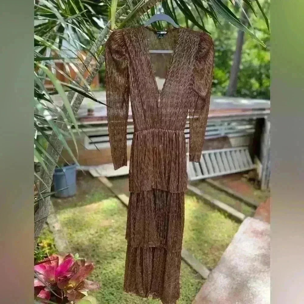 $438 Sabina Musayev x Revolve Carry Dress Brown Mocha Copper Tiered Dress XS